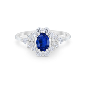 Oval Wedding Ring Vintage Art Deco Round Simulated Blue Sapphire CZ 925 Sterling Silver